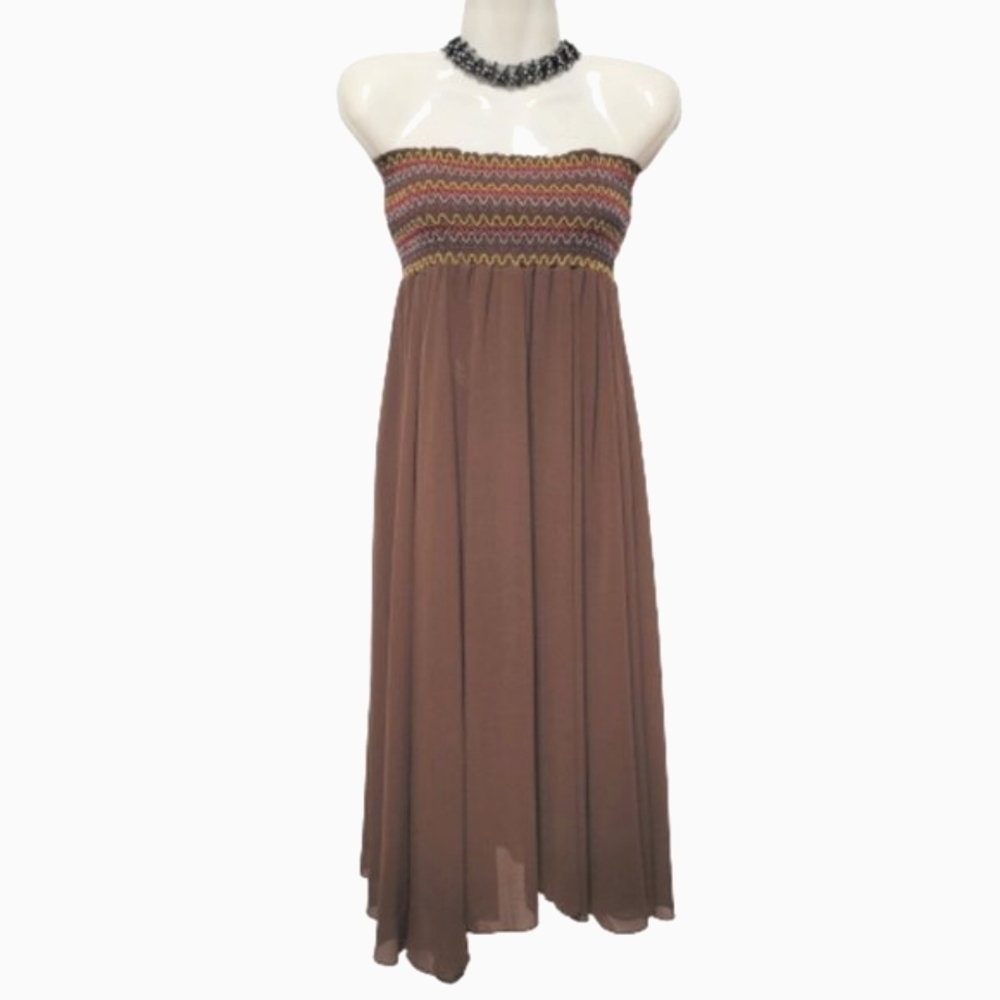Strapless Brown Dress Midi Dress Summer Holiday Party Smocked Dress One Size